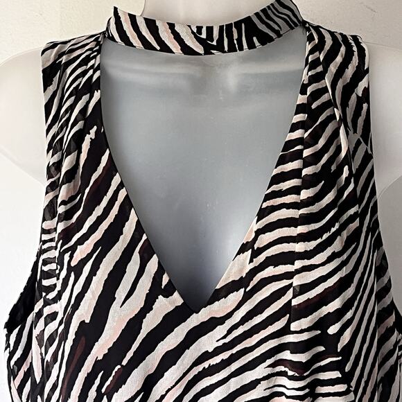WHBM Zebra Print Faux Wrap Choker Neck  Ruffle Skirt  Midi Dress Size 12 - Picture 2 of 13